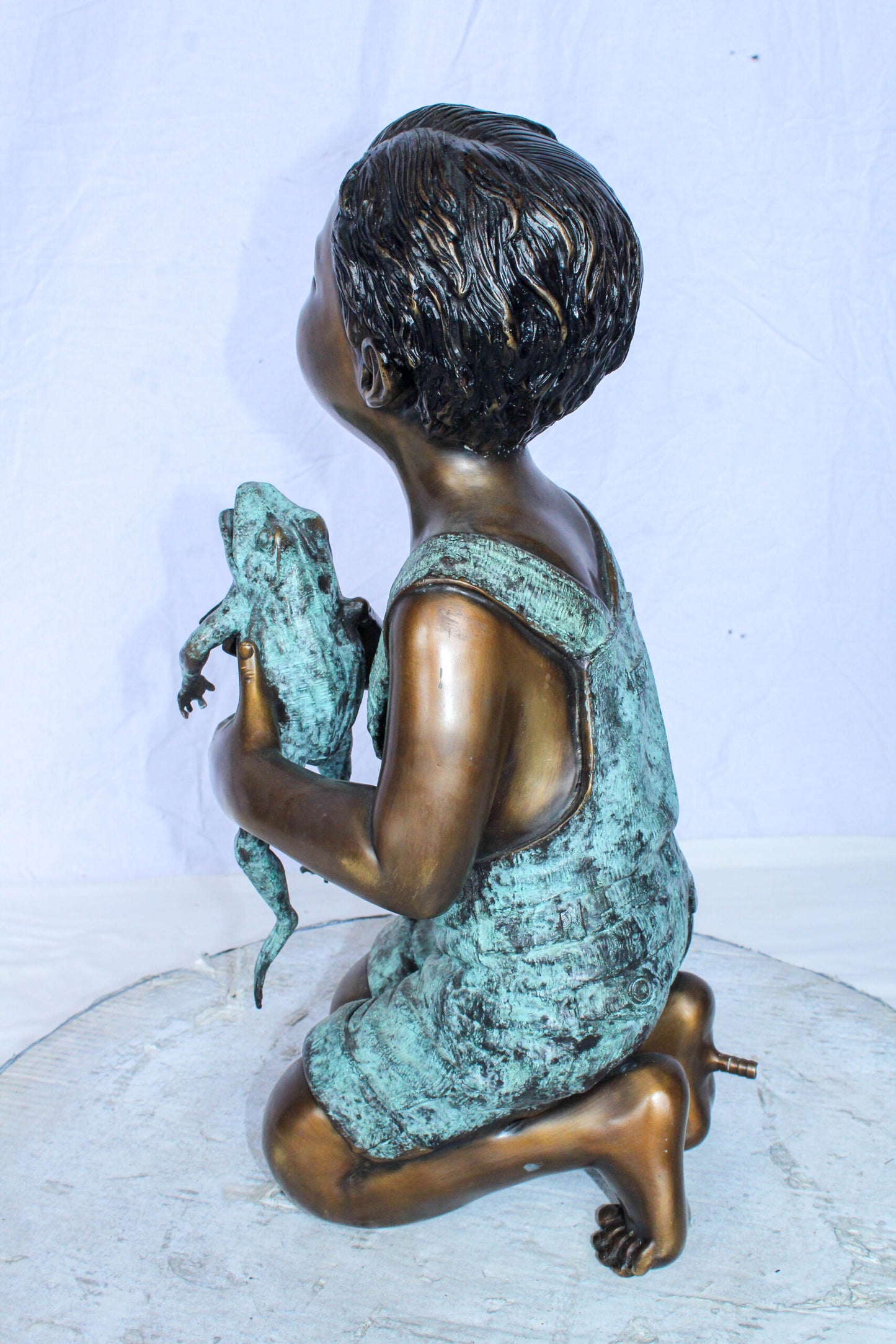 Boy Holding Frog Bronze Fountain Statue Green Patina 12" x 11" x 21"H