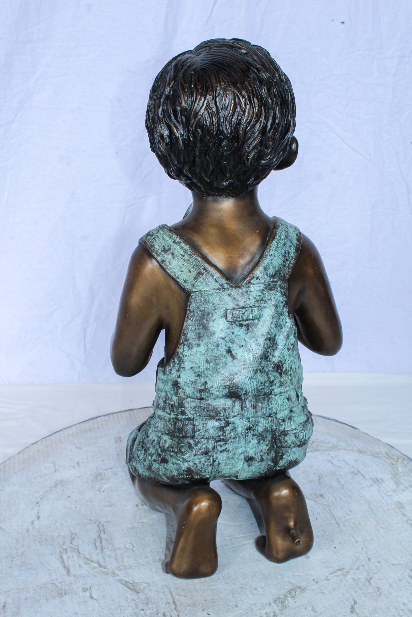 Boy Holding Frog Bronze Fountain Statue Green Patina 12" x 11" x 21"H