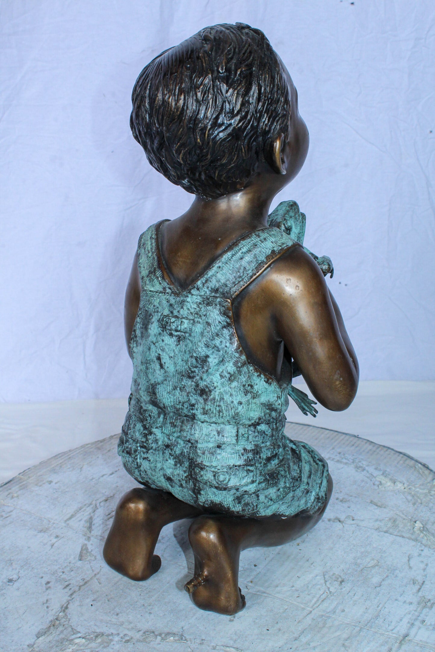 Boy Holding Frog Bronze Fountain Statue Green Patina 12" x 11" x 21"H