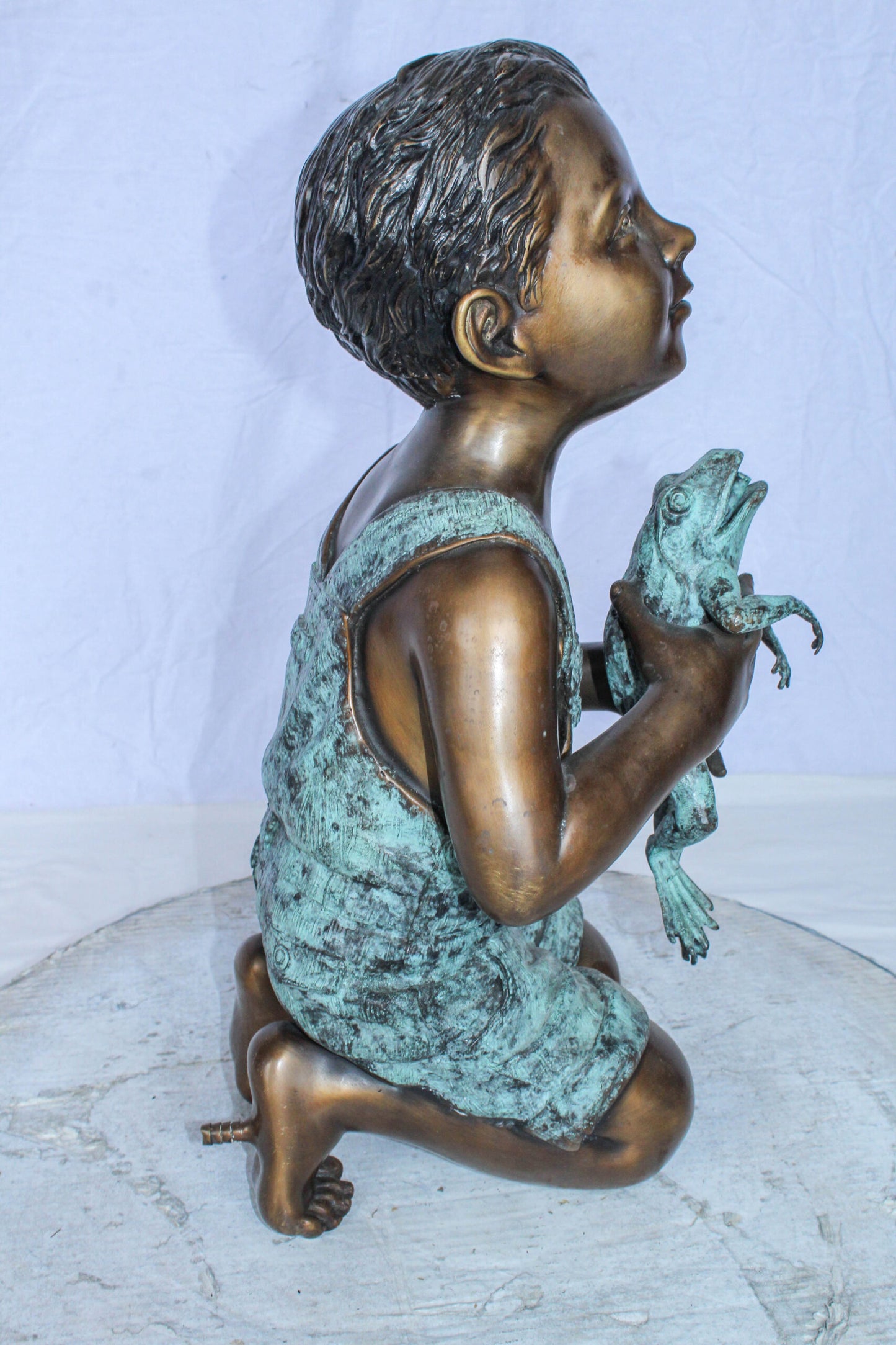 Boy Holding Frog Bronze Fountain Statue Green Patina 12" x 11" x 21"H