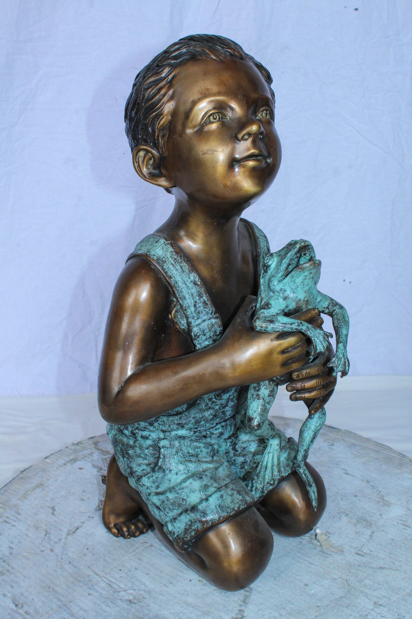 Boy Holding Frog Bronze Fountain Statue Green Patina 12" x 11" x 21"H