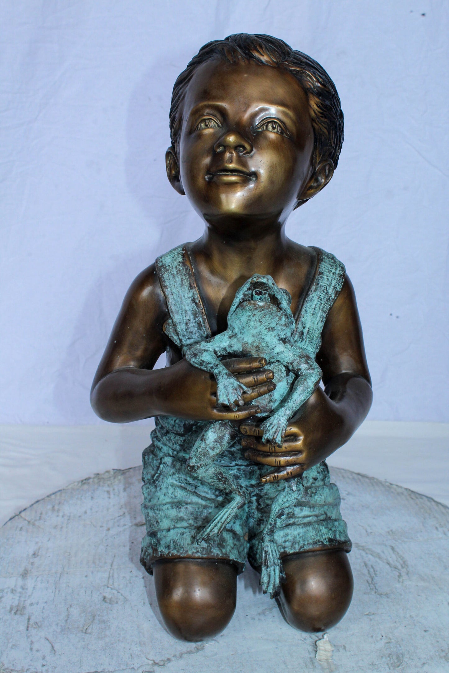 Boy Holding Frog Bronze Fountain Statue Green Patina 12" x 11" x 21"H