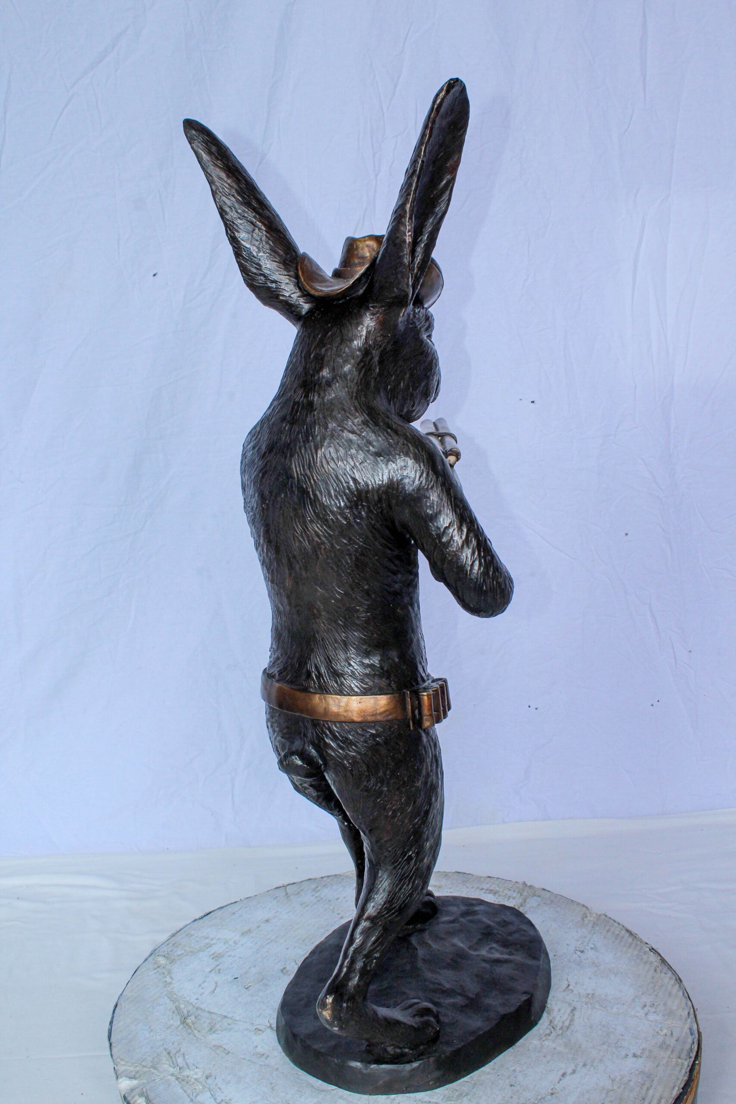 Bronze Statue of Cowboy Rabbit Holding Rifle 22" x 13" x 35"H