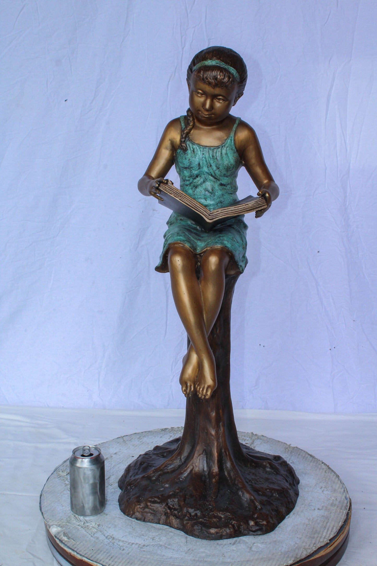 Bronze Girl Reading Book on Tree Stump Sculpture 14" x 15" x 34"H