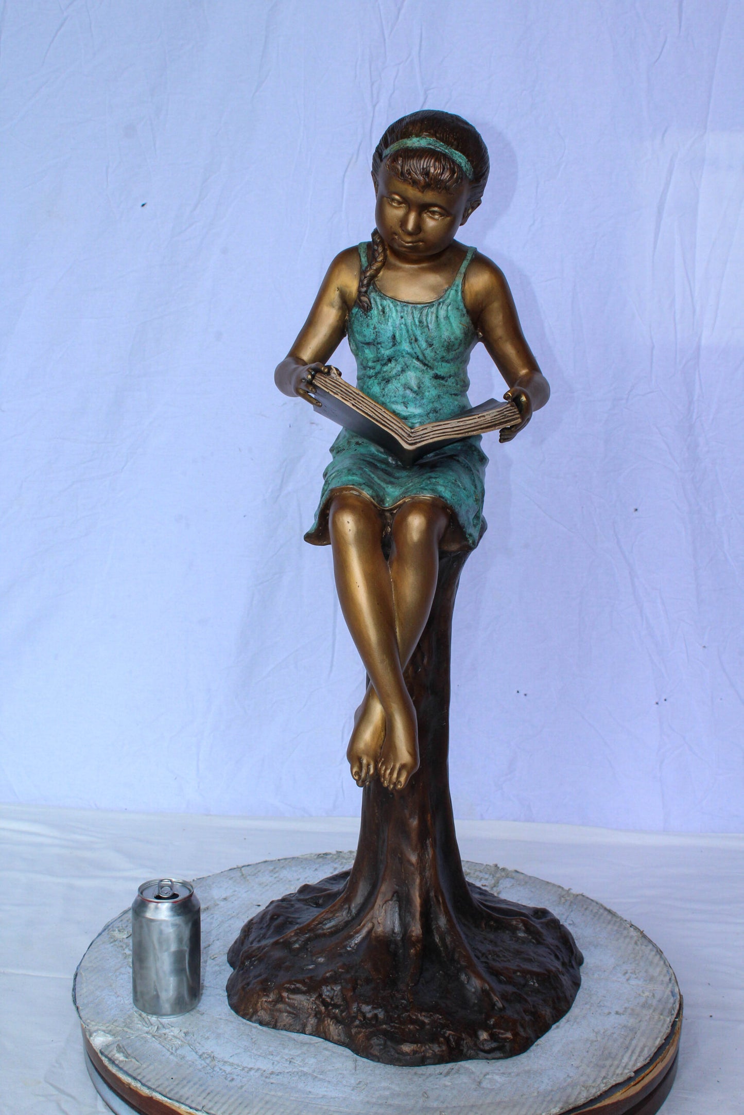 Bronze Girl Reading Book on Tree Stump Sculpture 14" x 15" x 34"H
