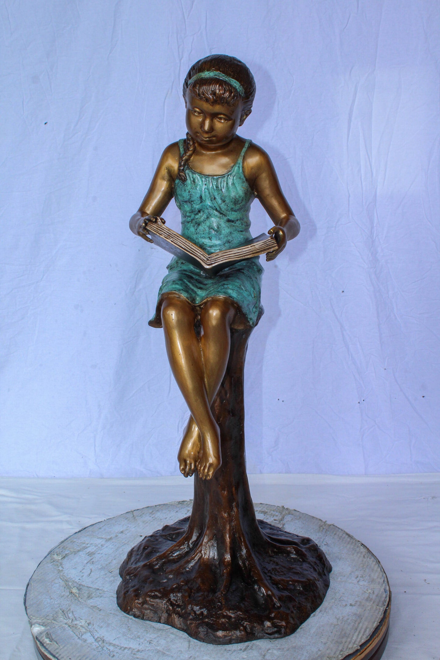 Bronze Girl Reading Book on Tree Stump Sculpture 14" x 15" x 34"H
