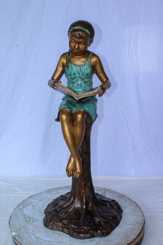 Bronze Girl Reading Book on Tree Stump Sculpture 14" x 15" x 34"H