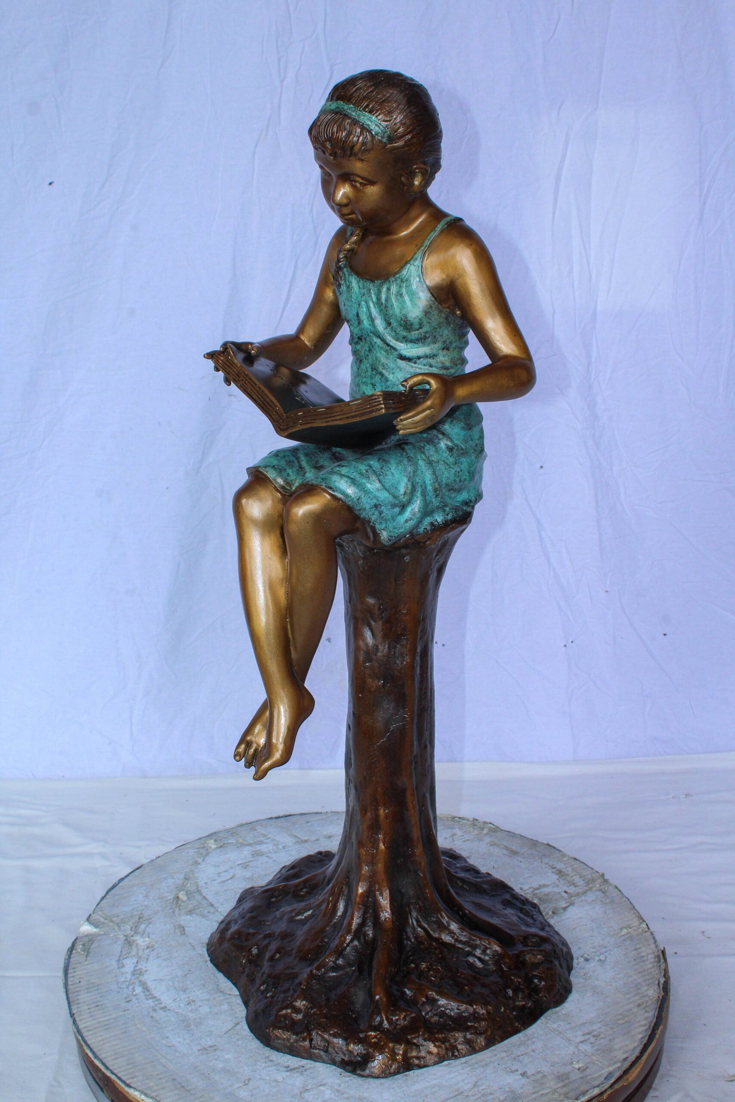 Bronze Girl Reading Book on Tree Stump Sculpture 14" x 15" x 34"H