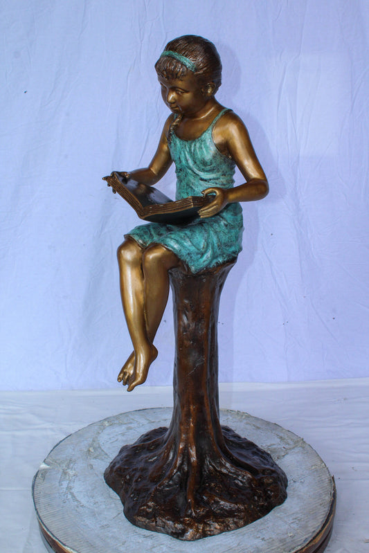 Bronze Girl Reading Book on Tree Stump Sculpture 14" x 15" x 34"H