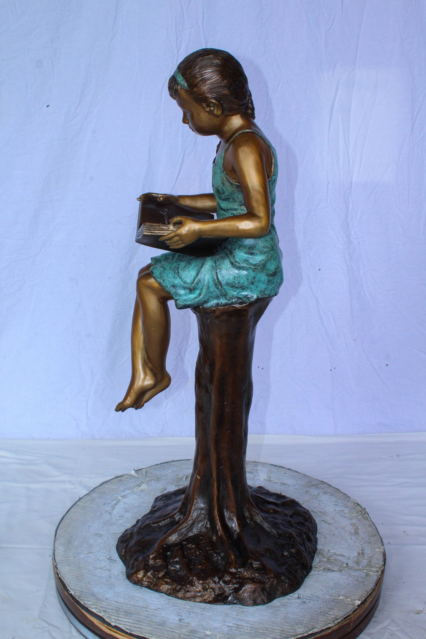 Bronze Girl Reading Book on Tree Stump Sculpture 14" x 15" x 34"H