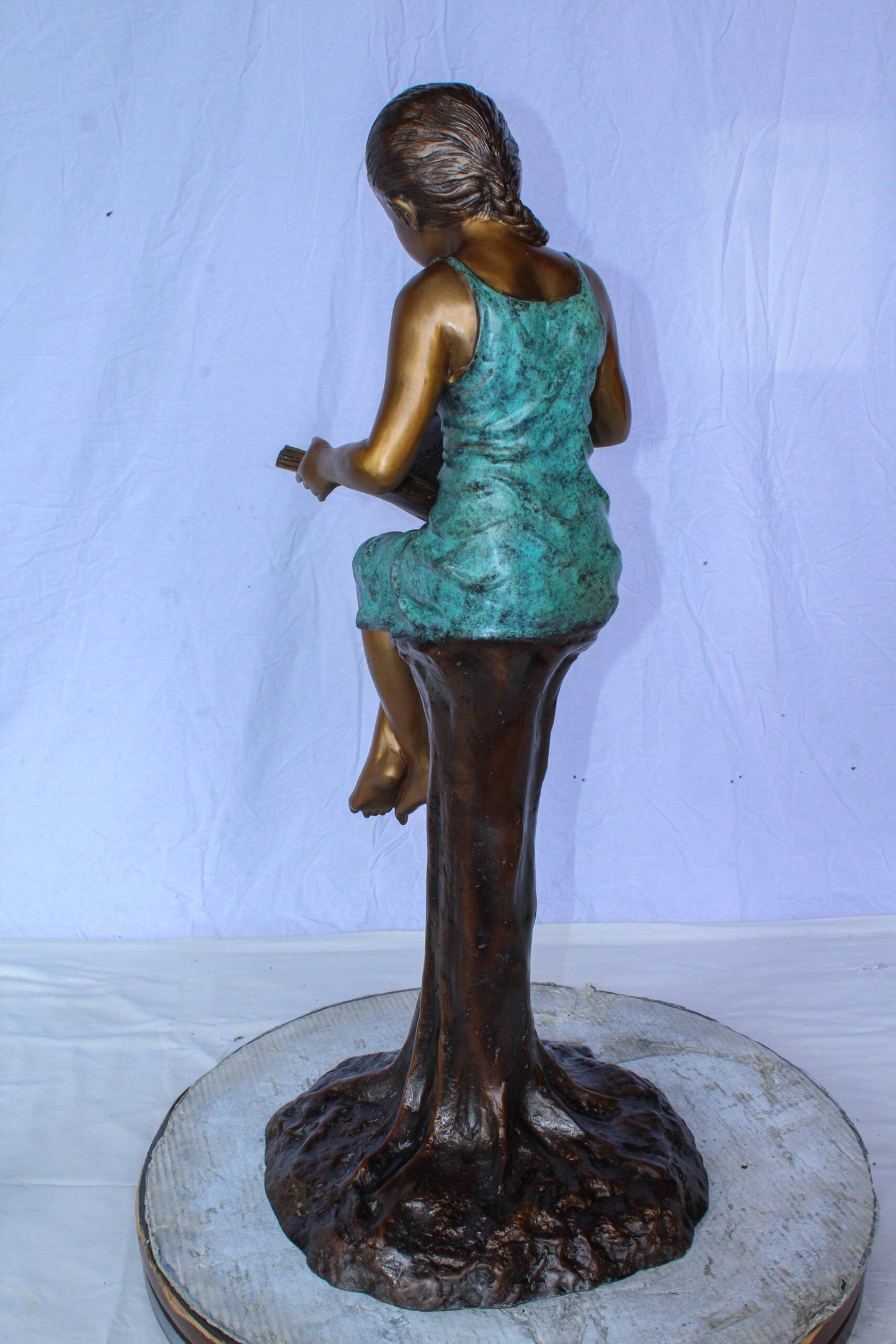 Bronze Girl Reading Book on Tree Stump Sculpture 14" x 15" x 34"H