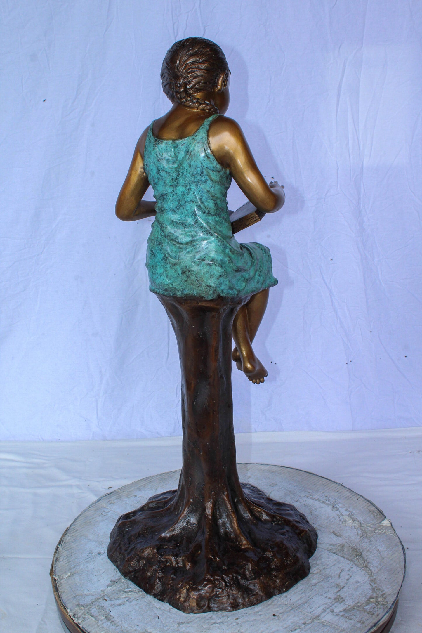 Bronze Girl Reading Book on Tree Stump Sculpture 14" x 15" x 34"H