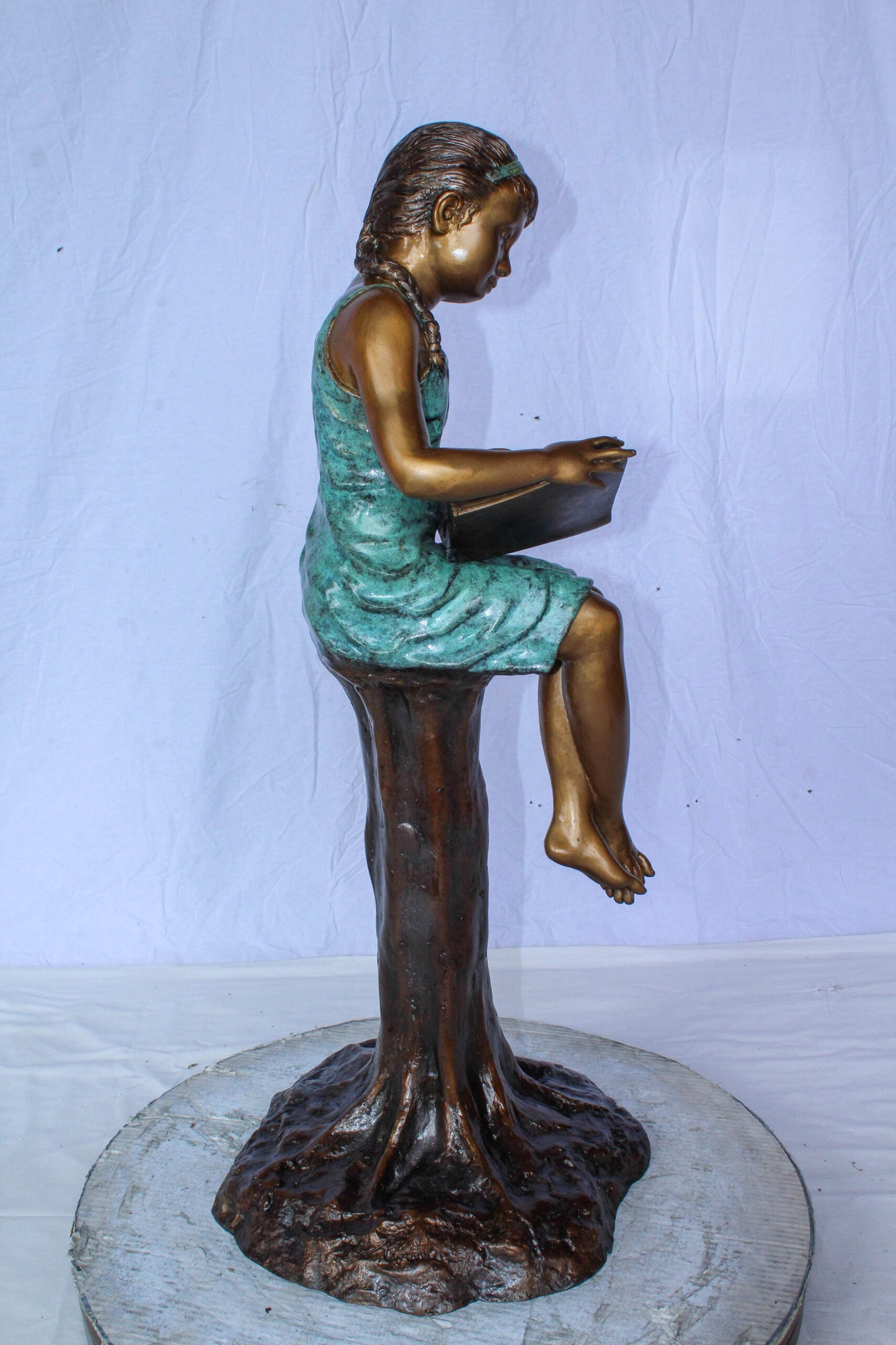 Bronze Girl Reading Book on Tree Stump Sculpture 14" x 15" x 34"H