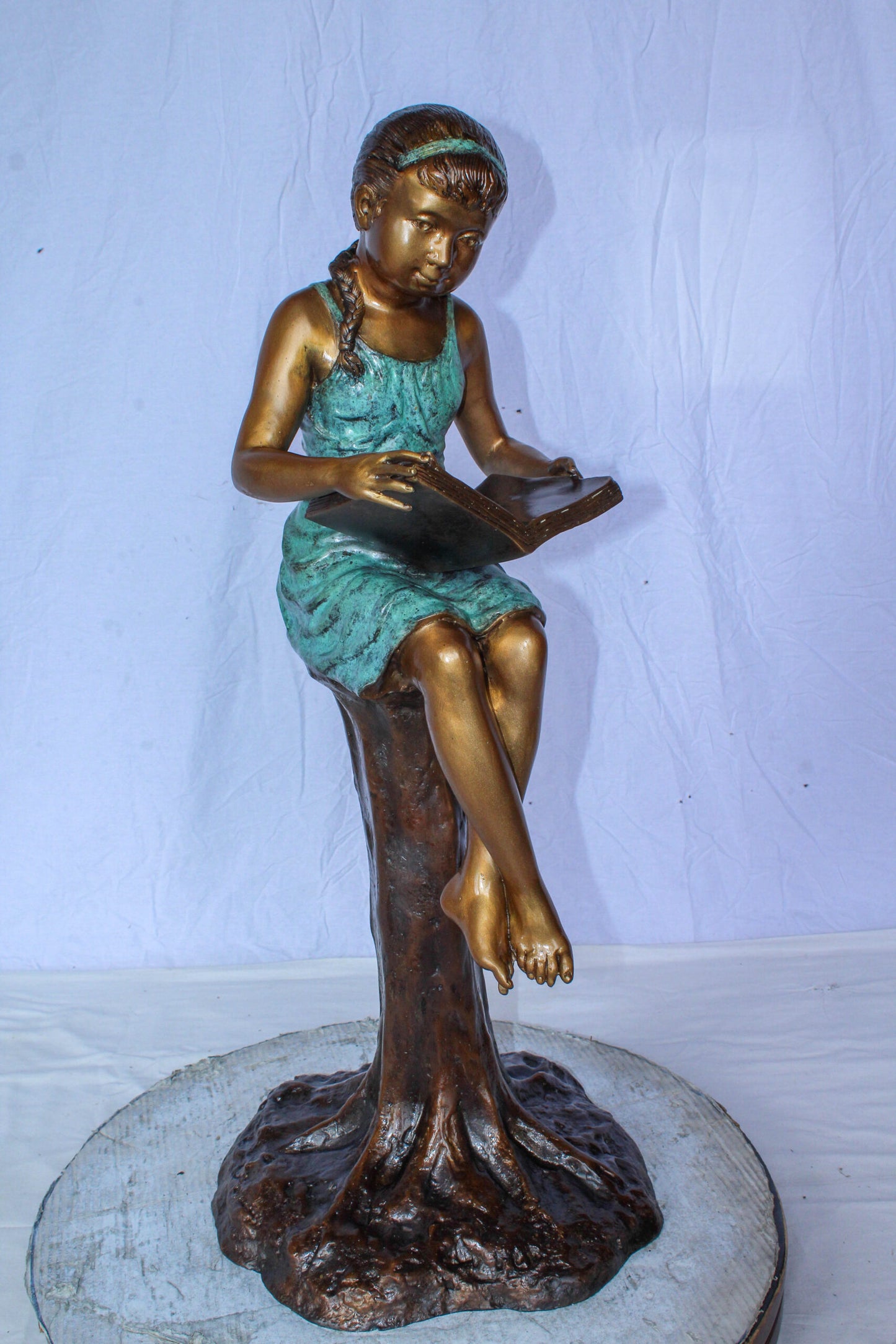 Bronze Girl Reading Book on Tree Stump Sculpture 14" x 15" x 34"H