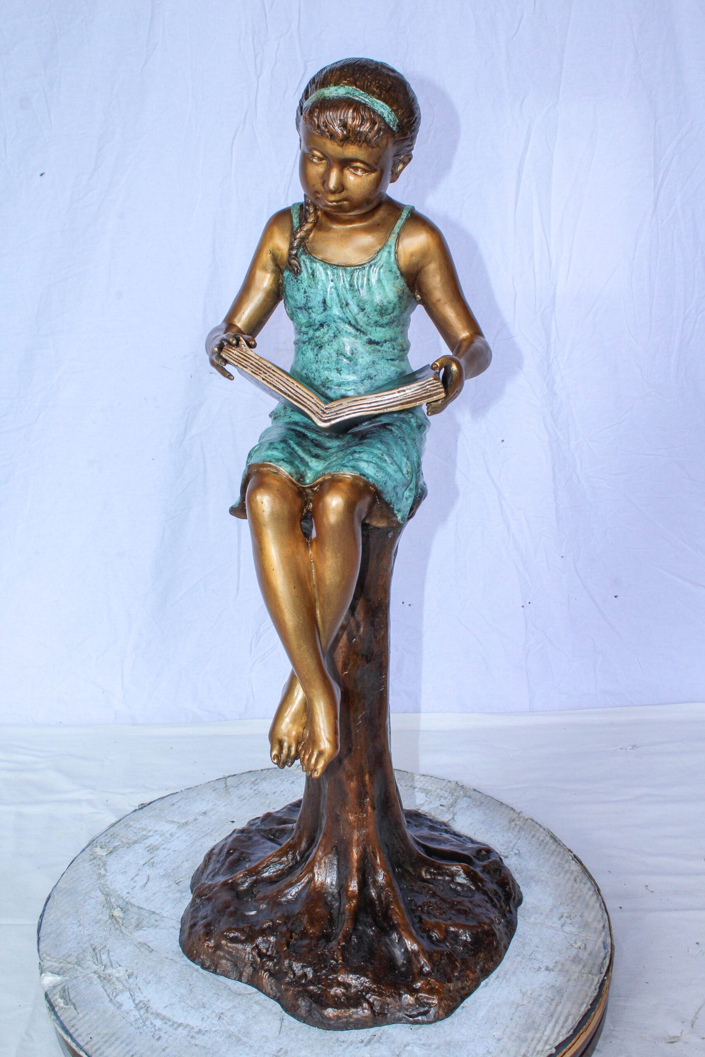 Bronze Girl Reading Book on Tree Stump Sculpture 14" x 15" x 34"H