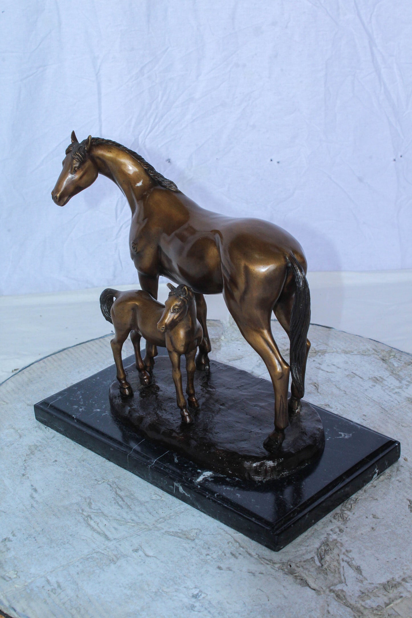 Horse and Foal Bronze Sculpture on Marble Base 14" x 8" x 13"H