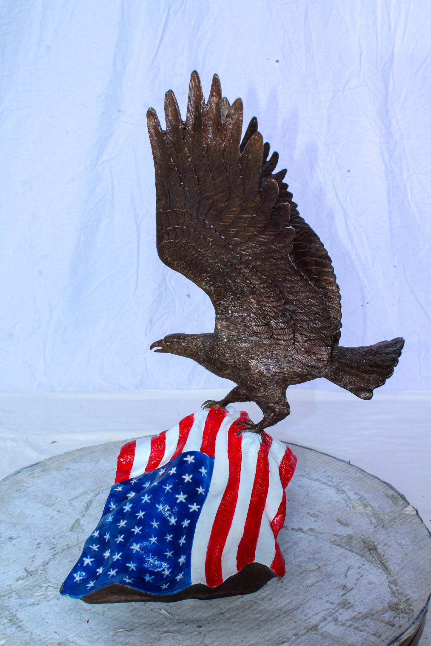 Bronze Bald Eagle Statue on American Flag Base 21" x 14" x 22"H