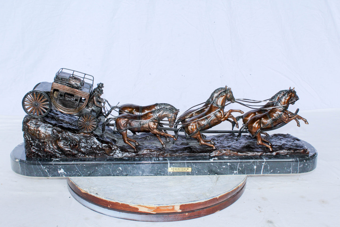 Stagecoach Bronze Replica Sculpture of M. Russell 40" x 9" x 13"H