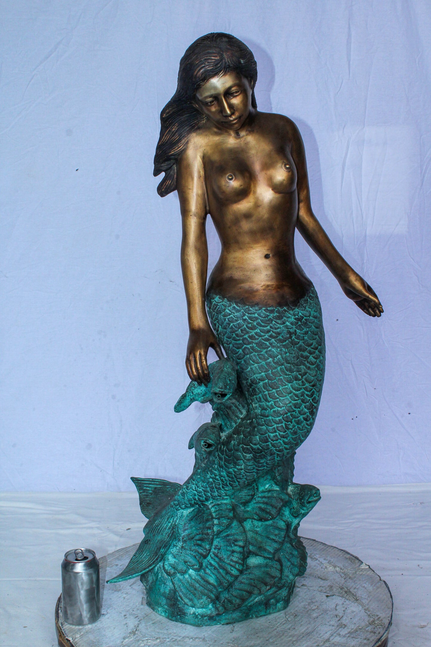 Nude Art Bronze Mermaid Fountain with Fish and Patina Finish 23" x 14" x 39"H