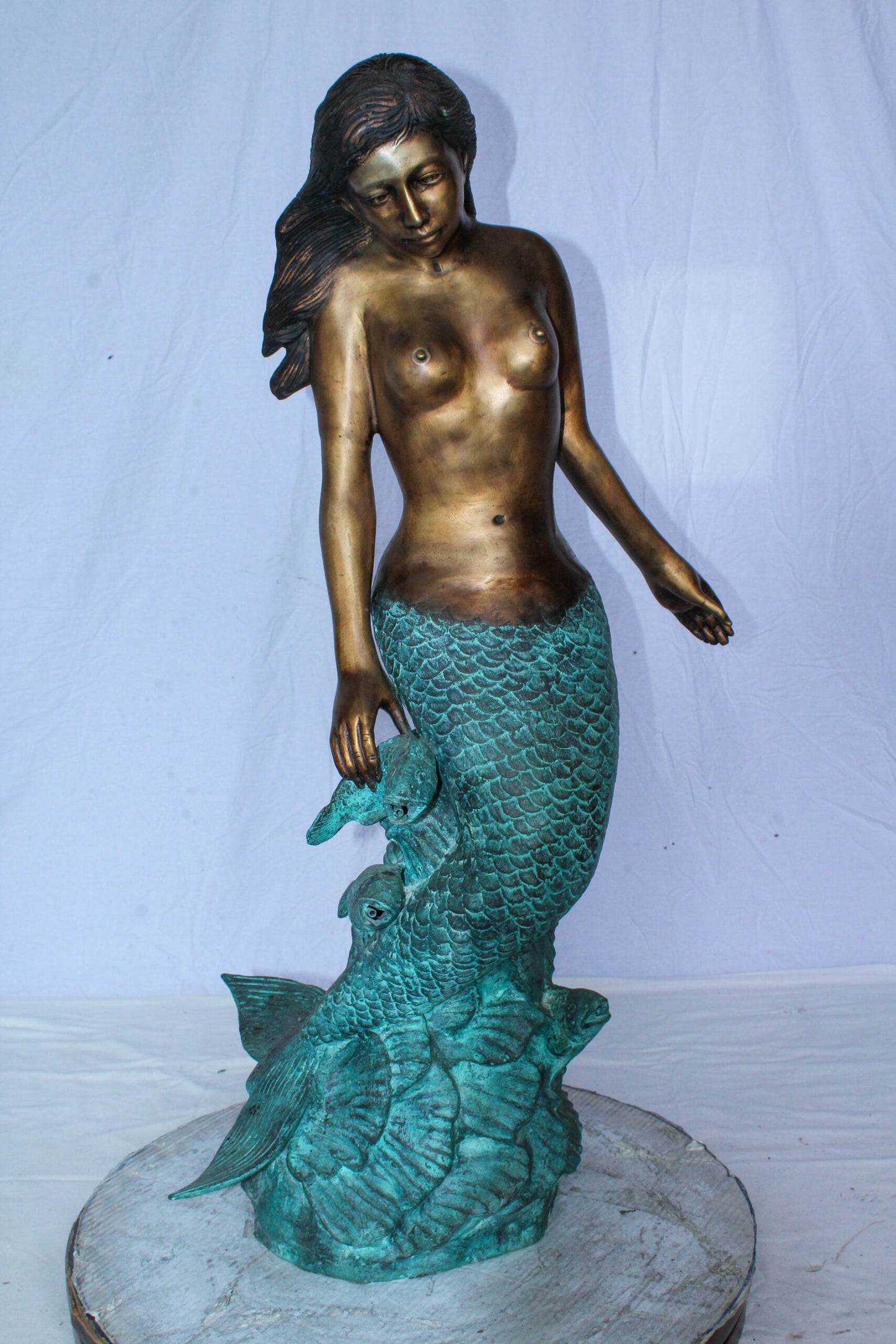 Nude Art Bronze Mermaid Fountain with Fish and Patina Finish 23" x 14" x 39"H