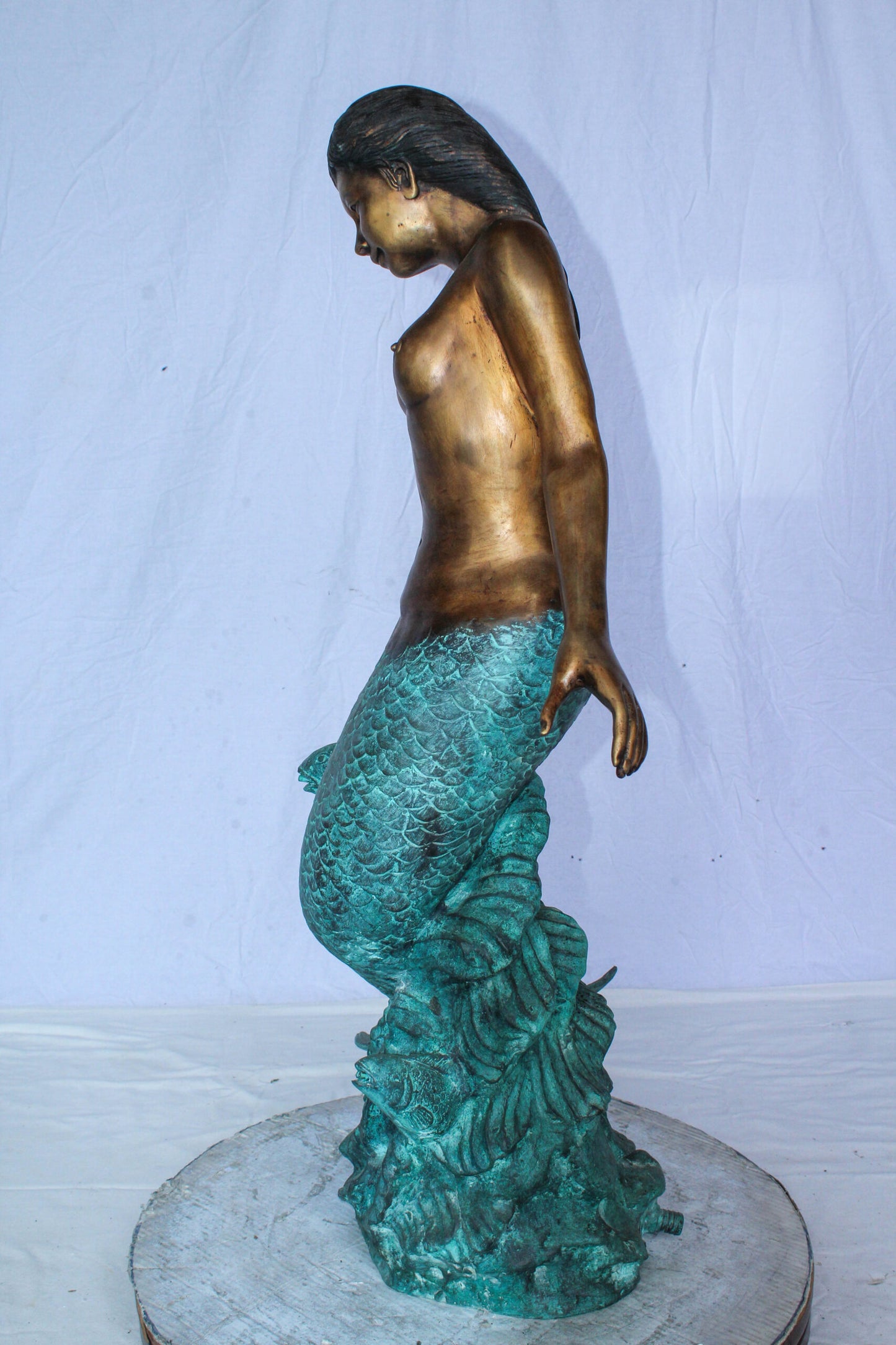 Nude Art Bronze Mermaid Fountain with Fish and Patina Finish 23" x 14" x 39"H
