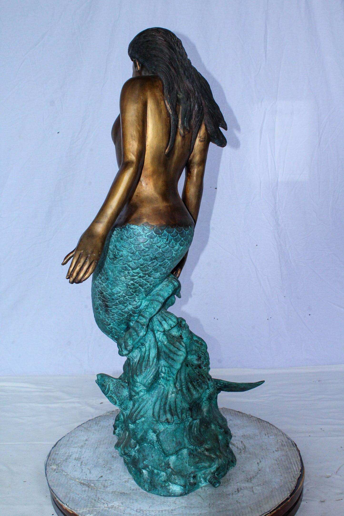 Nude Art Bronze Mermaid Fountain with Fish and Patina Finish 23" x 14" x 39"H
