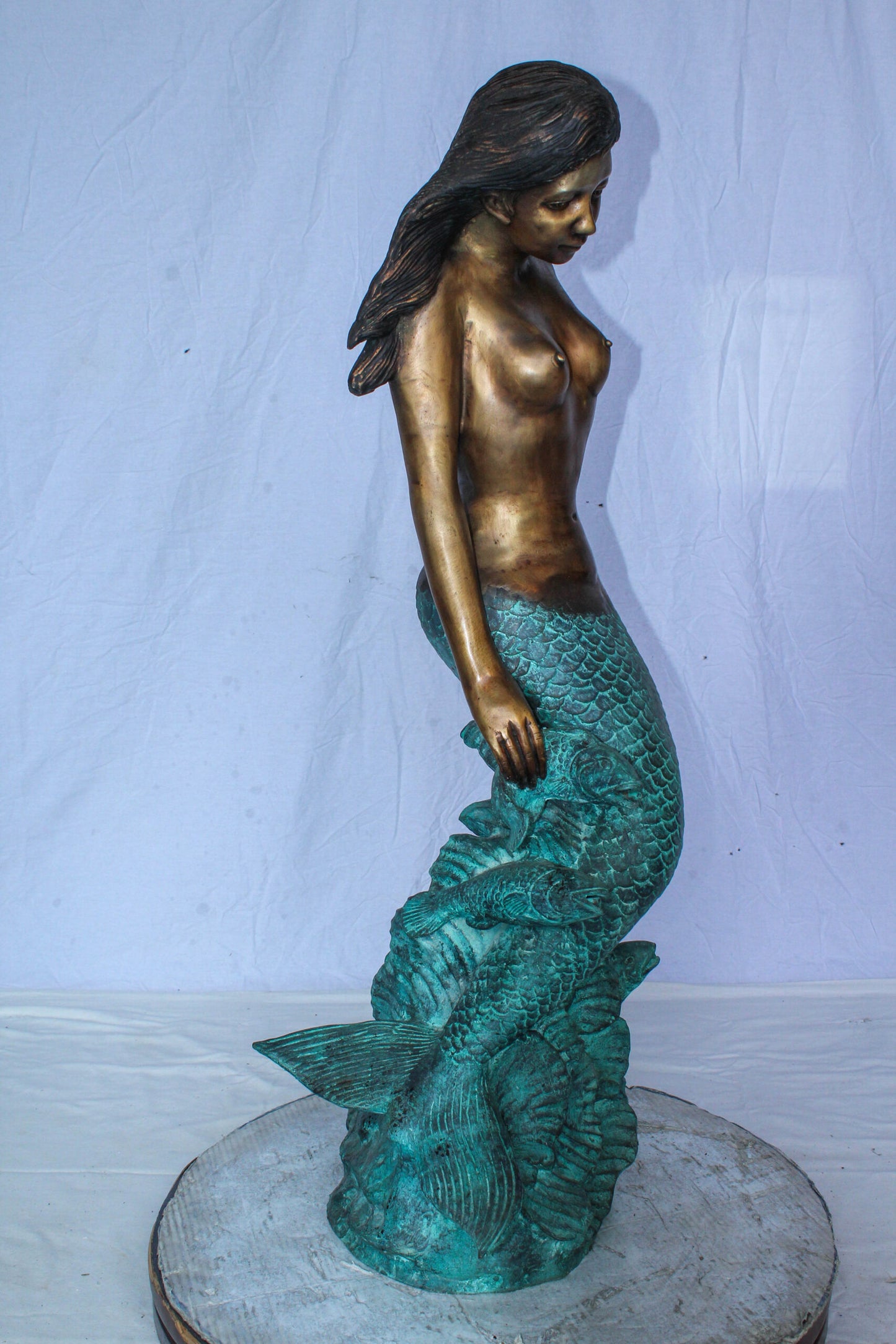 Nude Art Bronze Mermaid Fountain with Fish and Patina Finish 23" x 14" x 39"H