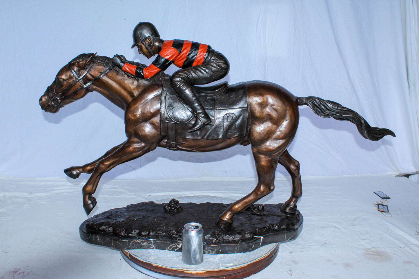Bronze Horse Racing Statue with Jockey in Striped Uniform 50" x 14" x 29"H
