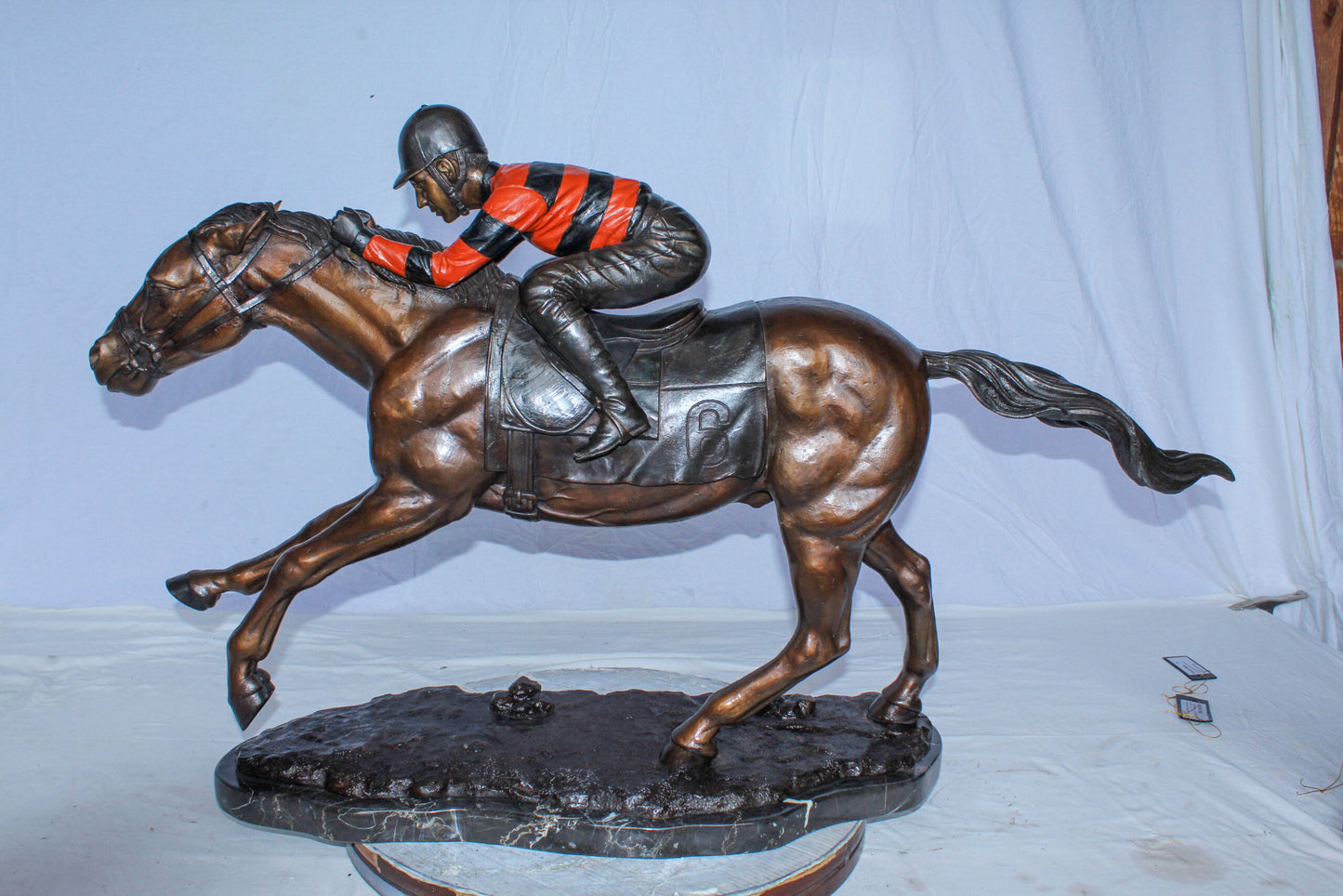 Bronze Horse Racing Statue with Jockey in Striped Uniform 50" x 14" x 29"H