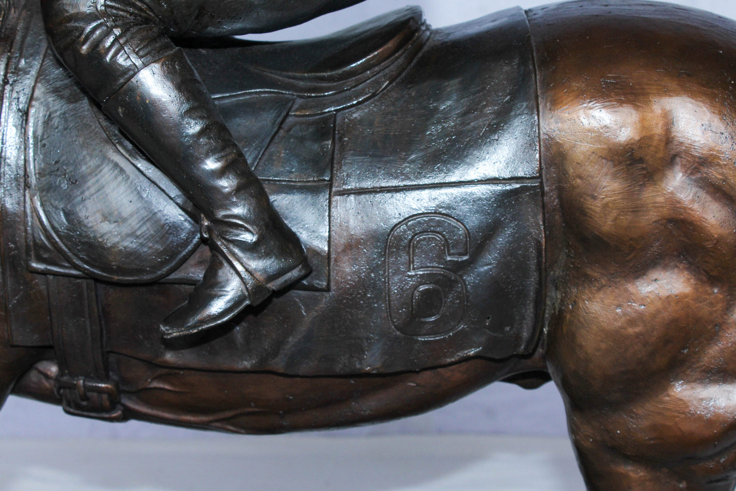 Bronze Horse Racing Statue with Jockey in Striped Uniform 50" x 14" x 29"H