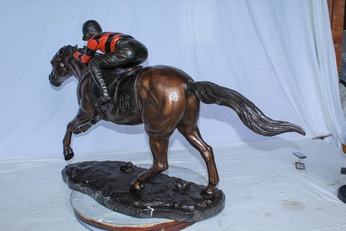 Bronze Horse Racing Statue with Jockey in Striped Uniform 50" x 14" x 29"H