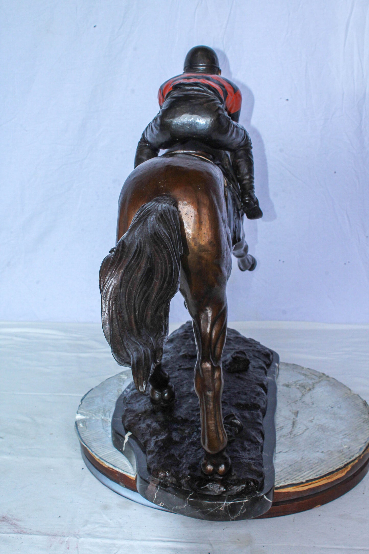 Bronze Horse Racing Statue with Jockey in Striped Uniform 50" x 14" x 29"H