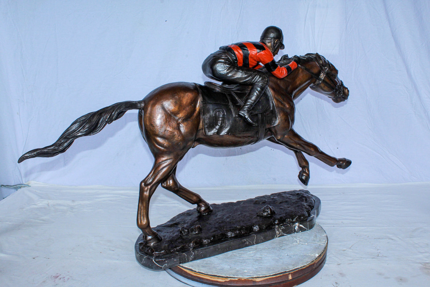 Bronze Horse Racing Statue with Jockey in Striped Uniform 50" x 14" x 29"H