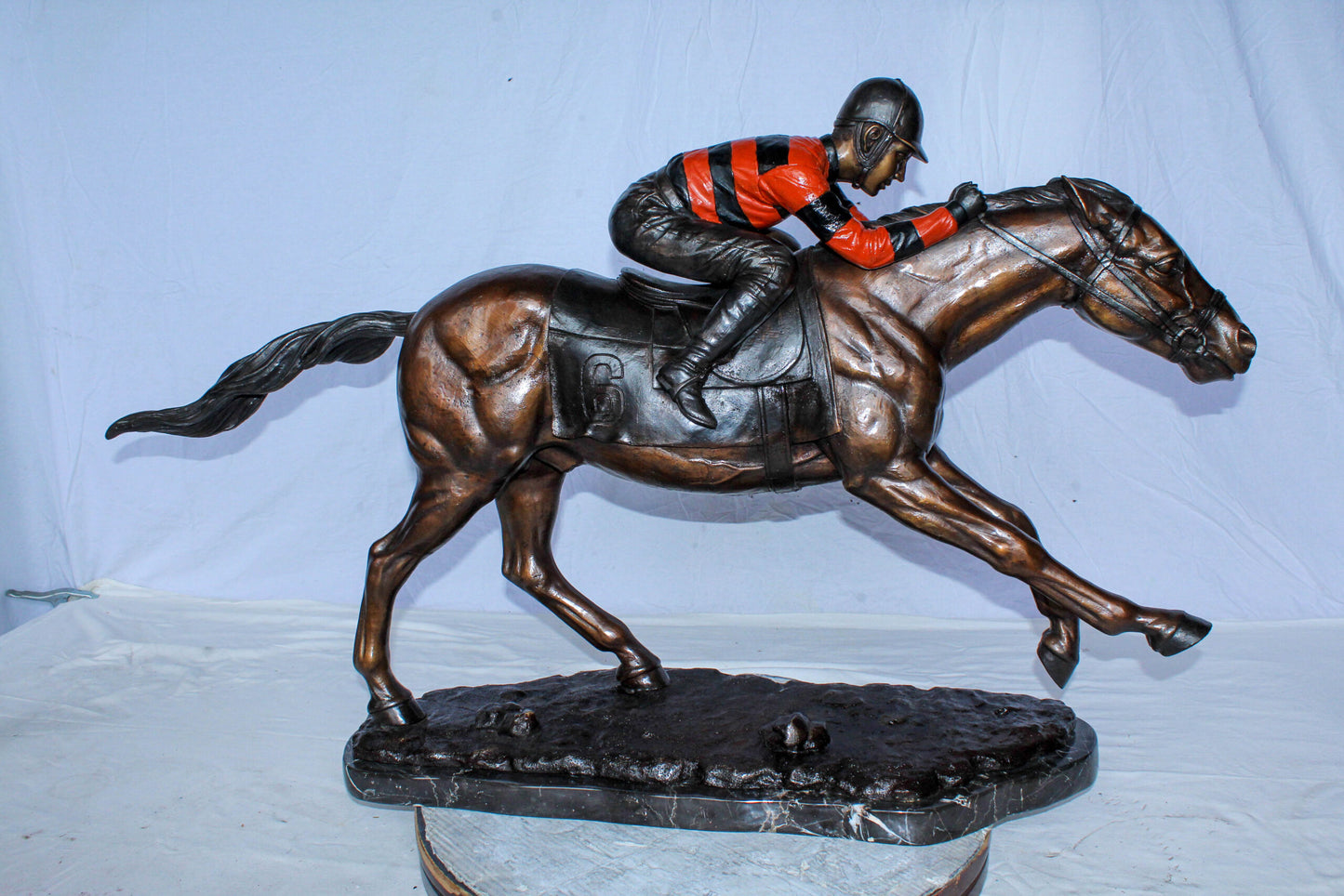 Bronze Horse Racing Statue with Jockey in Striped Uniform 50" x 14" x 29"H