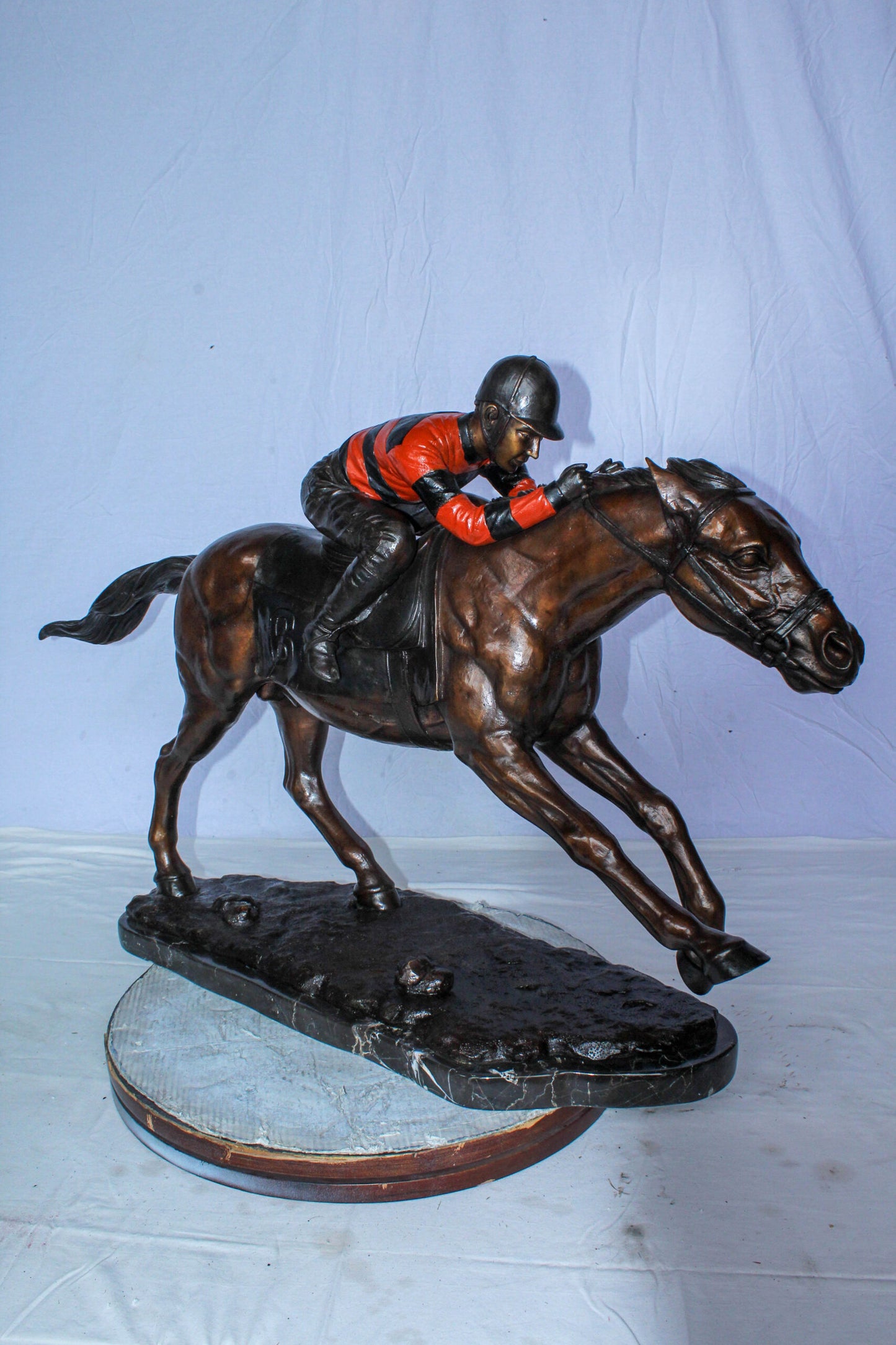 Bronze Horse Racing Statue with Jockey in Striped Uniform 50" x 14" x 29"H