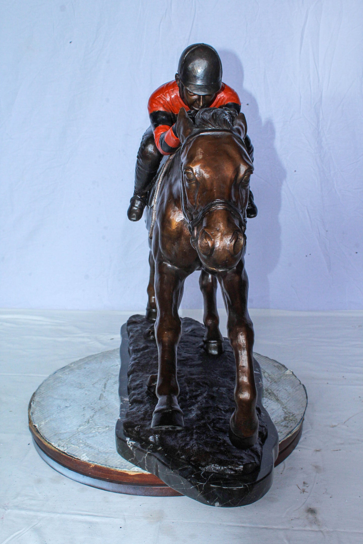 Bronze Horse Racing Statue with Jockey in Striped Uniform 50" x 14" x 29"H