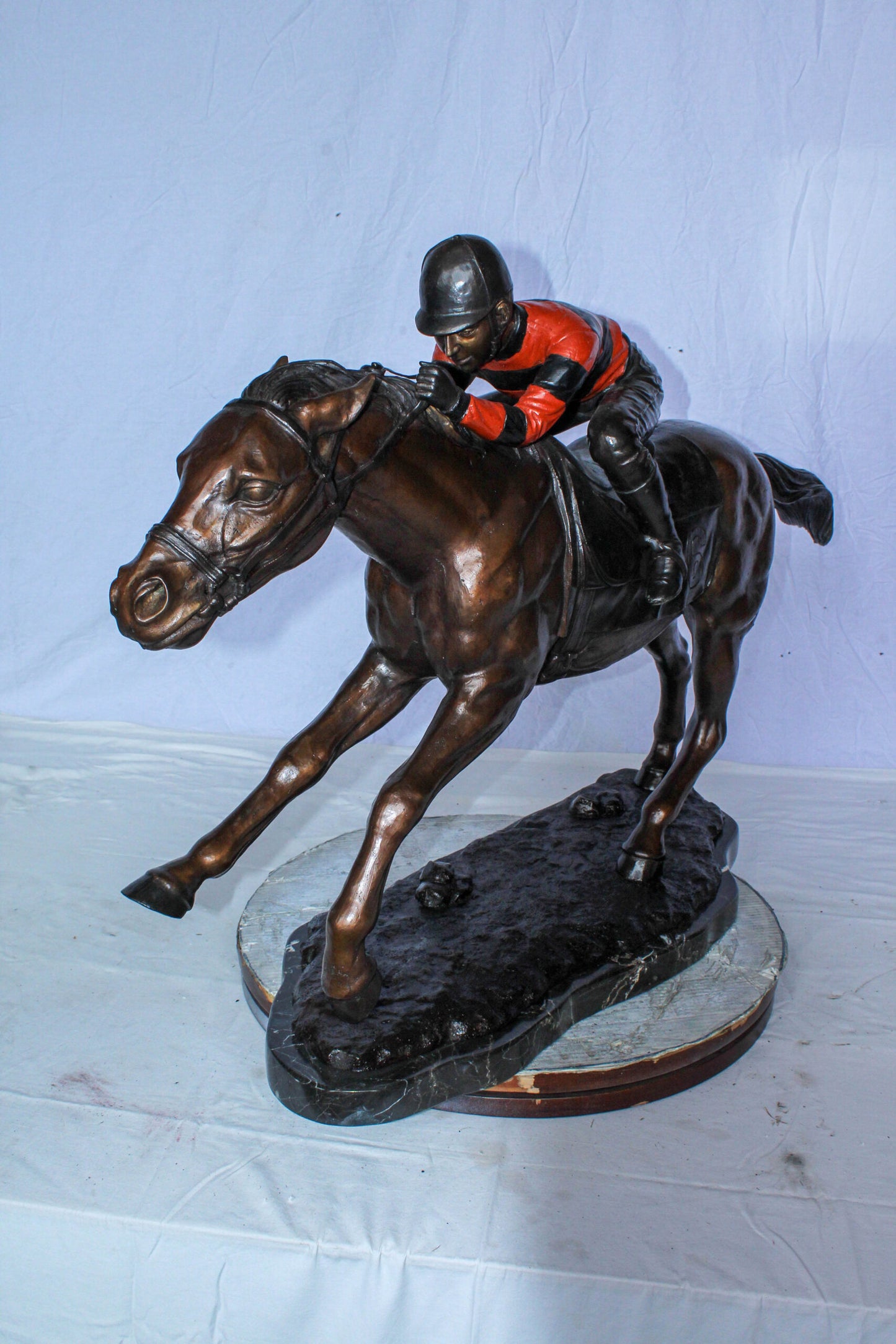 Bronze Horse Racing Statue with Jockey in Striped Uniform 50" x 14" x 29"H