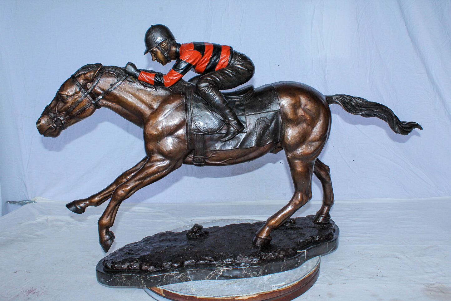 Bronze Horse Racing Statue with Jockey in Striped Uniform 50" x 14" x 29"H