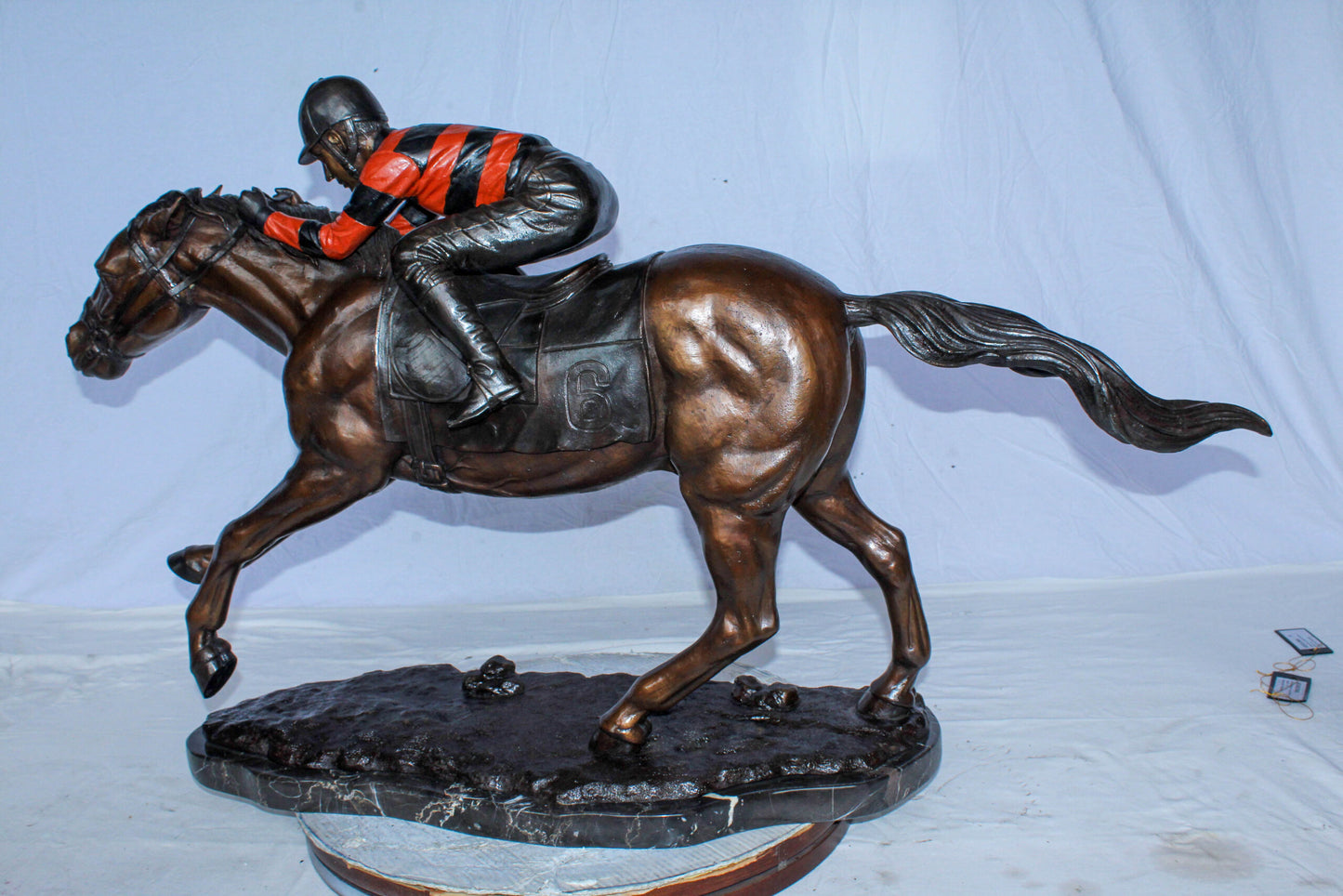 Bronze Horse Racing Statue with Jockey in Striped Uniform 50" x 14" x 29"H