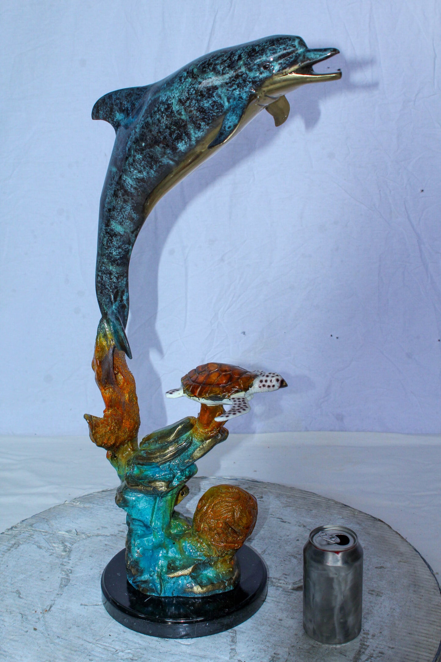Bronze Dolphin and Turtle Statue Ocean Reef Art Décor 8" x 13" x 25"H