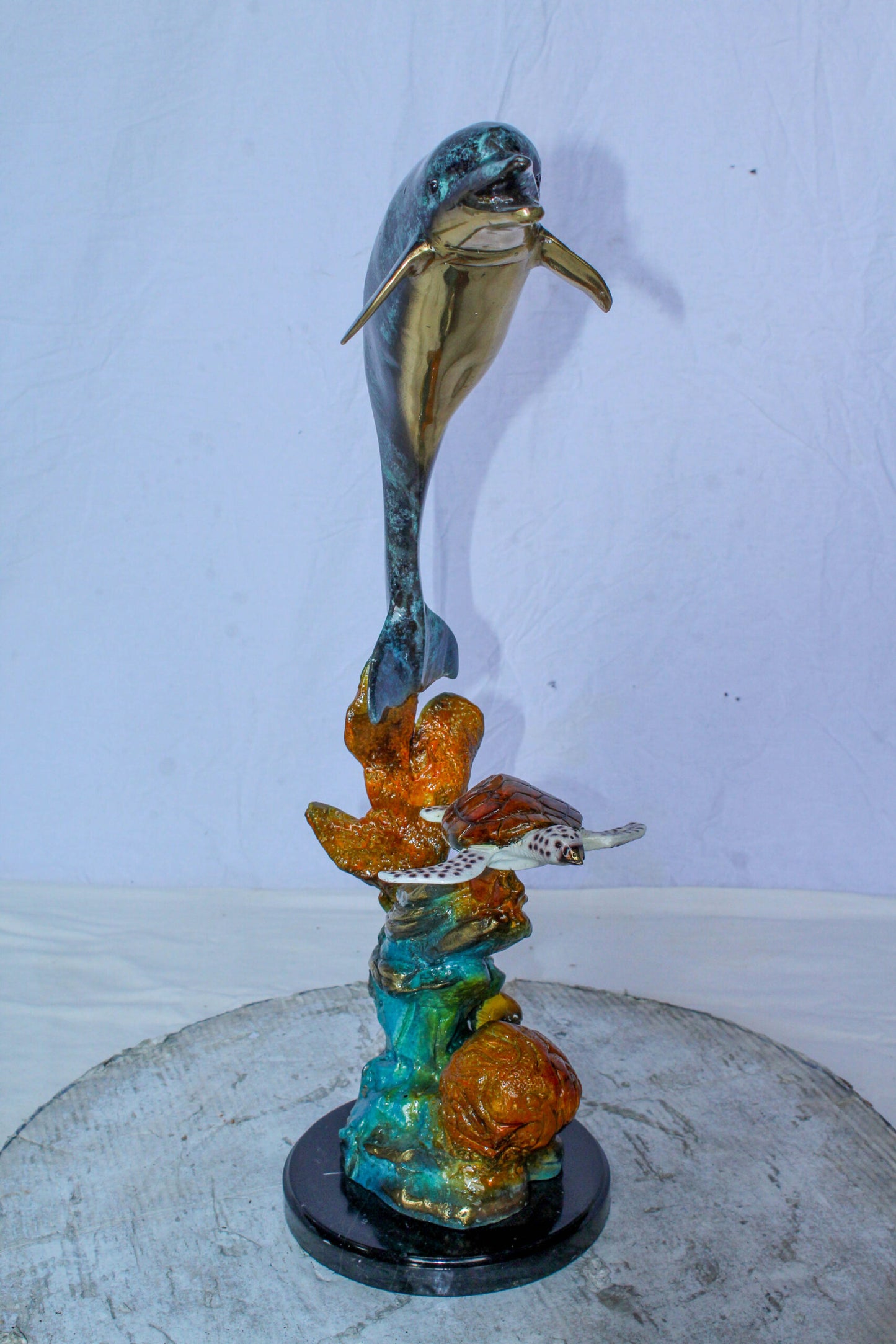 Nifao Bronze Dolphin with Sea Turtle & Coral Reef Sculpture – Handcrafted Lost Wax Cast, Patina & Polished Ocean Scene Statue –Coastal Marine Life Decor Accent for Home 8" x 13" x 25"H