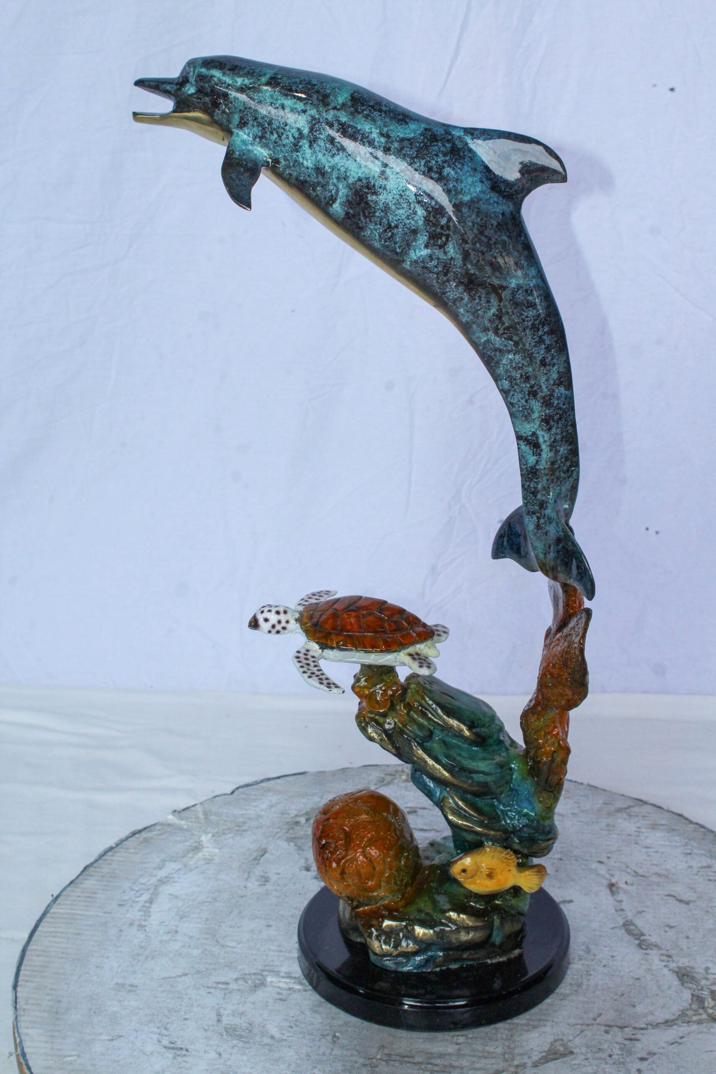 Nifao Bronze Dolphin with Sea Turtle & Coral Reef Sculpture – Handcrafted Lost Wax Cast, Patina & Polished Ocean Scene Statue –Coastal Marine Life Decor Accent for Home 8" x 13" x 25"H