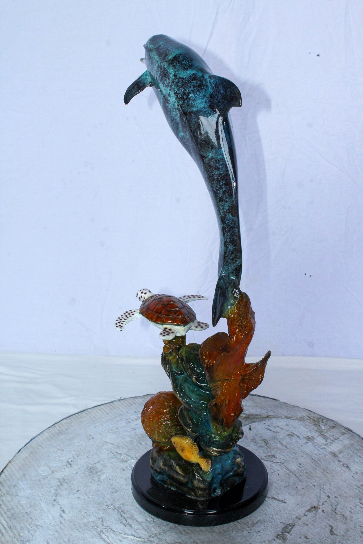 Bronze Dolphin and Turtle Statue Ocean Reef Art Décor 8" x 13" x 25"H