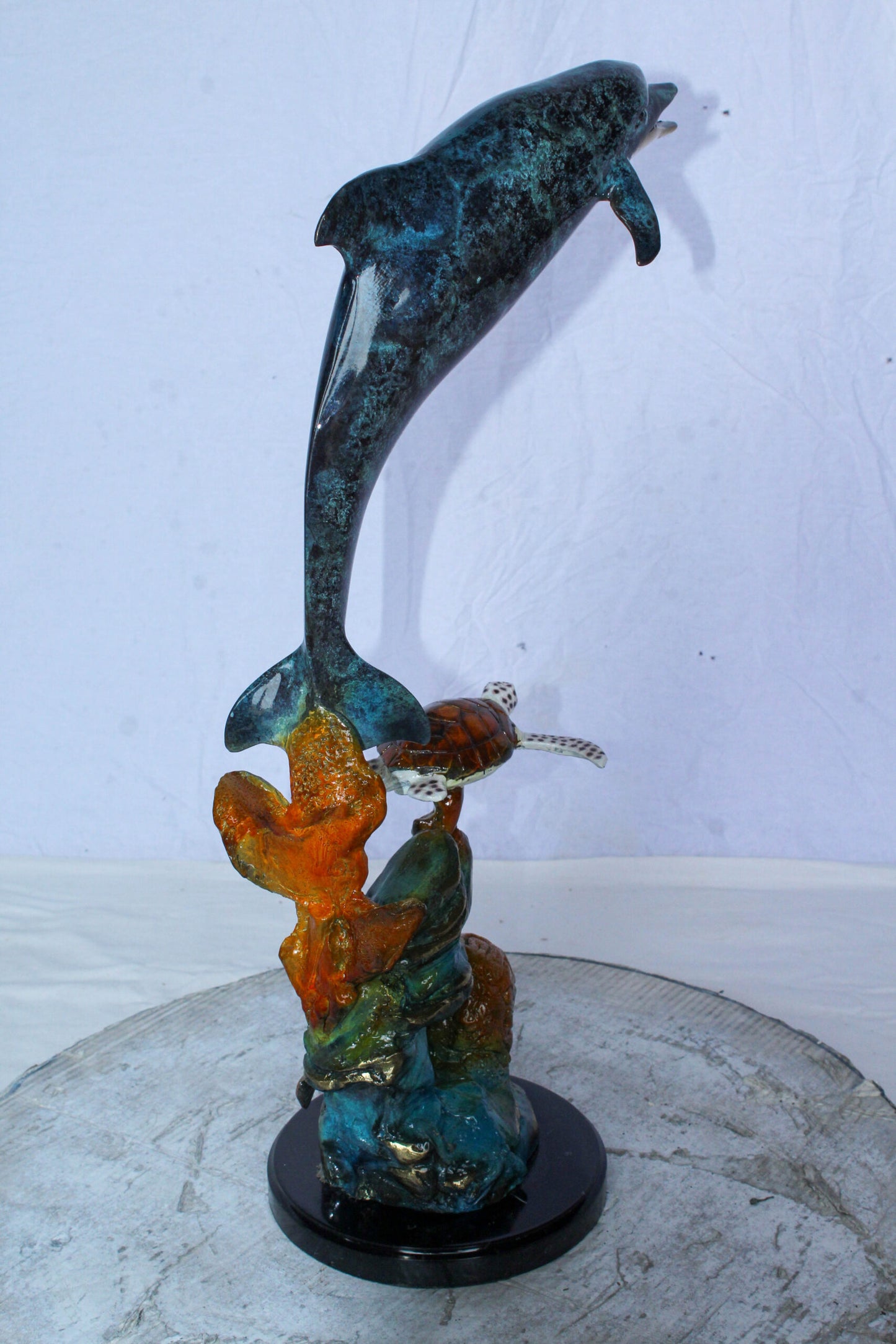 Nifao Bronze Dolphin with Sea Turtle & Coral Reef Sculpture – Handcrafted Lost Wax Cast, Patina & Polished Ocean Scene Statue –Coastal Marine Life Decor Accent for Home 8" x 13" x 25"H