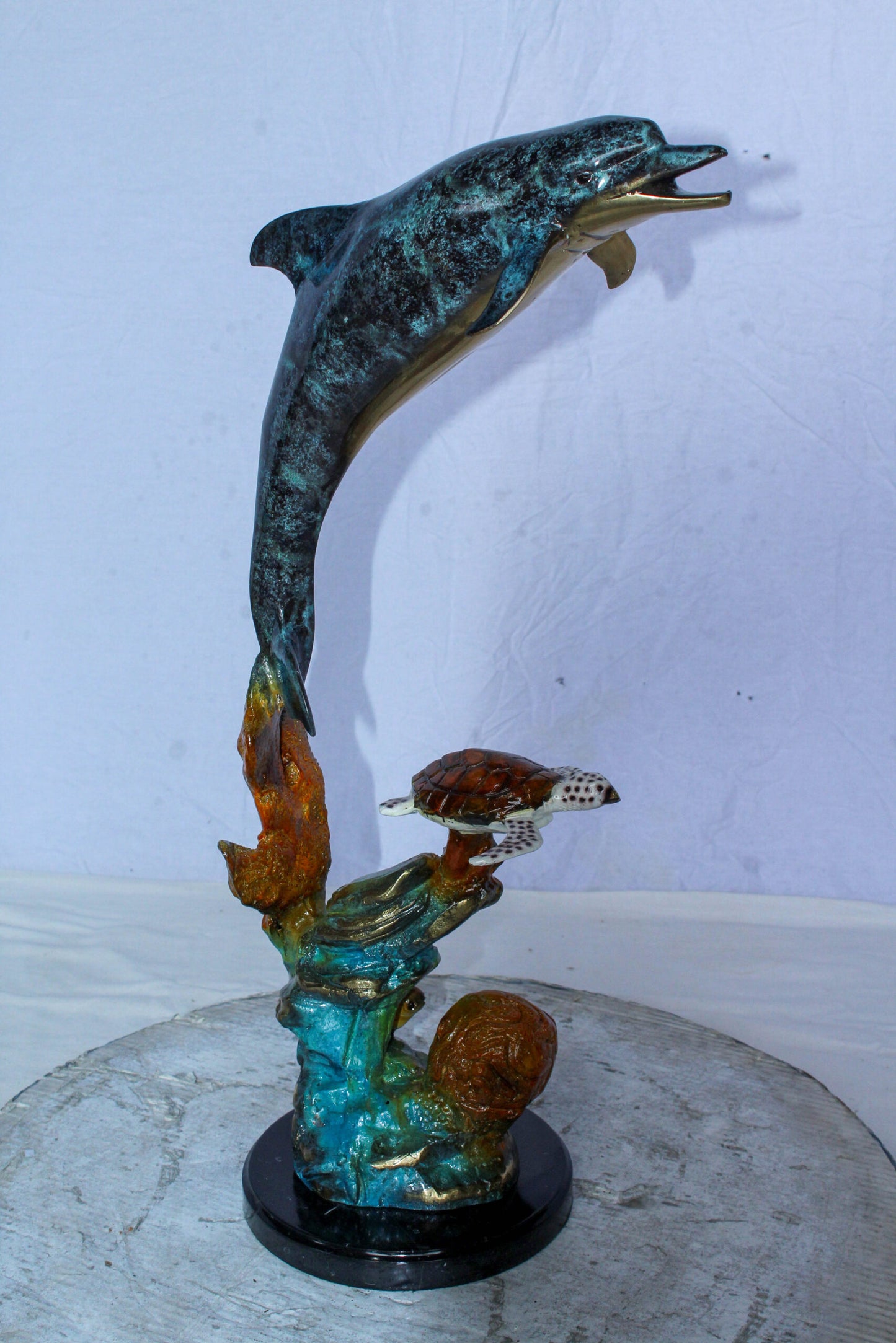 Nifao Bronze Dolphin with Sea Turtle & Coral Reef Sculpture – Handcrafted Lost Wax Cast, Patina & Polished Ocean Scene Statue –Coastal Marine Life Decor Accent for Home 8" x 13" x 25"H