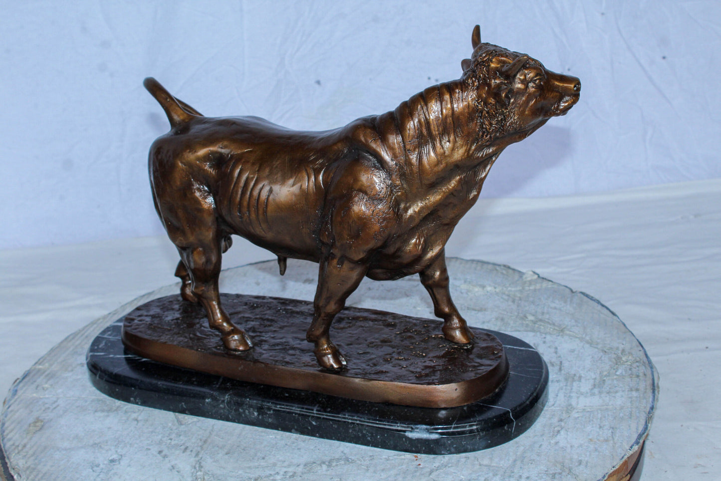 Bronze Bull Statue Le Taureau by Arnadia on Marble Base 19" x 8" x 13"H