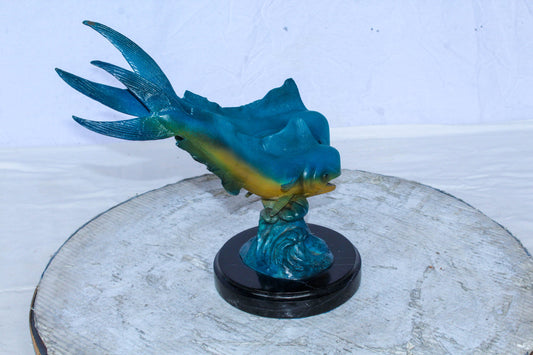 Bronze Mahi Mahi Dolphin Fish Bronze Statue on Marble Base 15" x 7" x 13"H