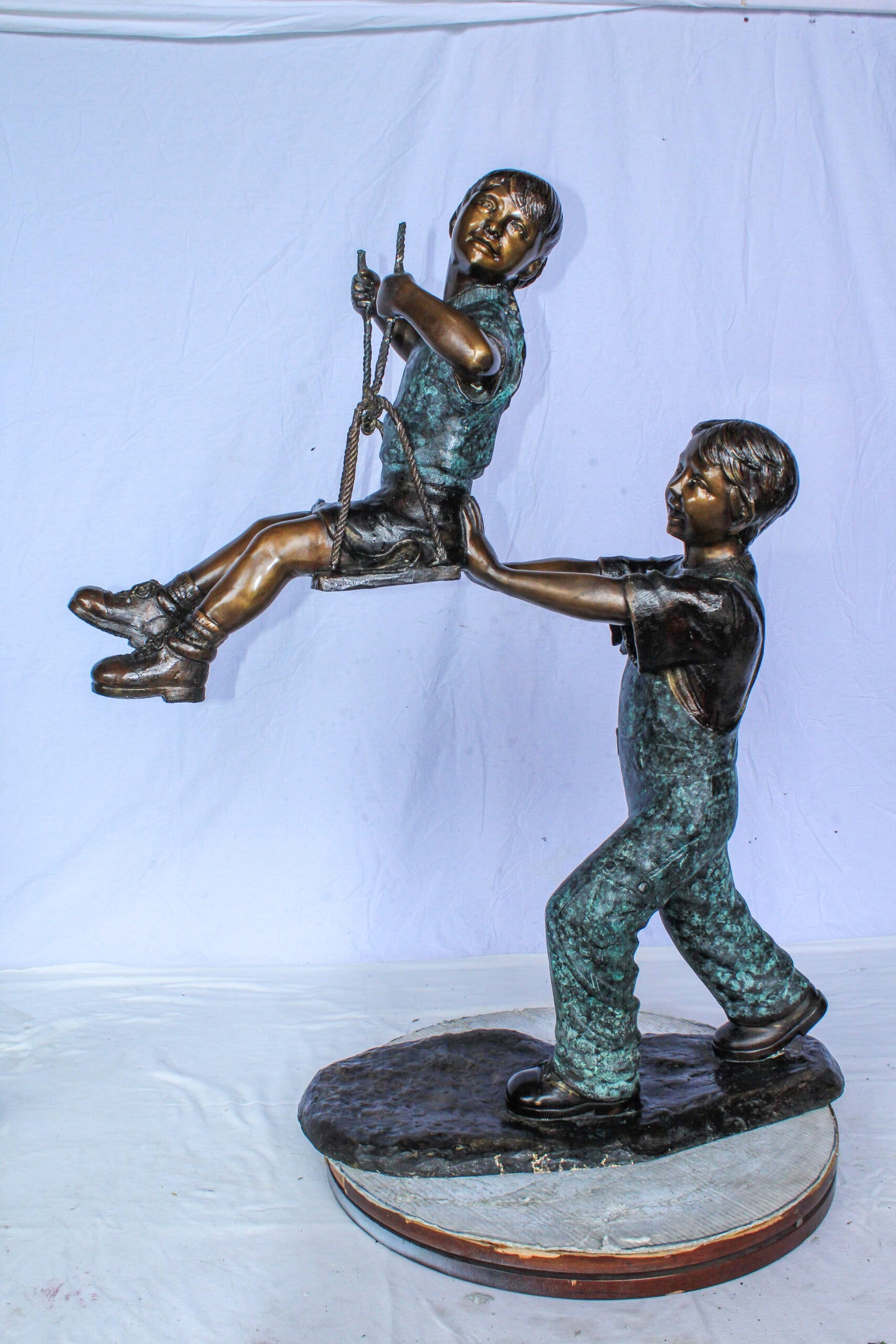 Boy Pushing Girl on Swing Bronze Statue Outdoor Decor 39" x 13" x 44"H