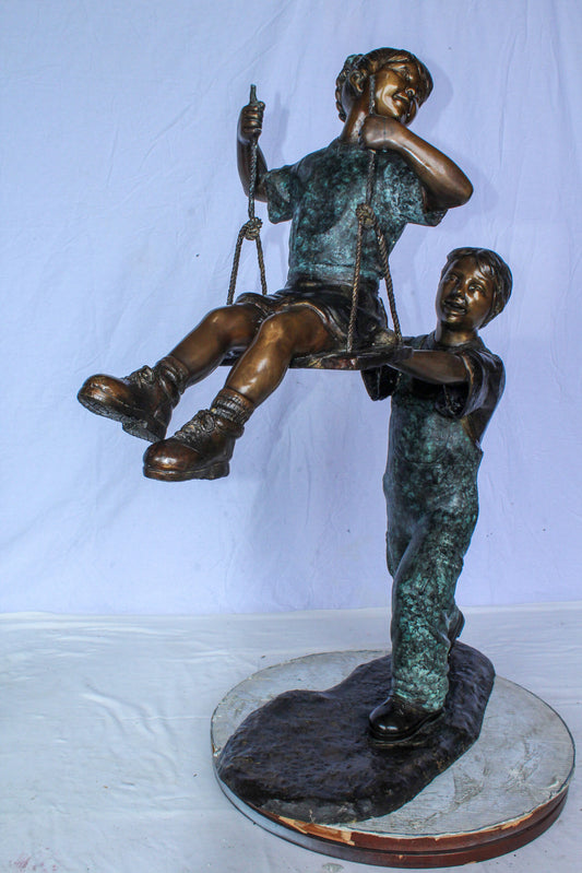 Boy Pushing Girl on Swing Bronze Statue Outdoor Decor 39" x 13" x 44"H