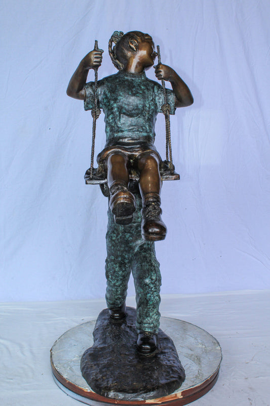 Boy Pushing Girl on Swing Bronze Statue Outdoor Decor 39" x 13" x 44"H